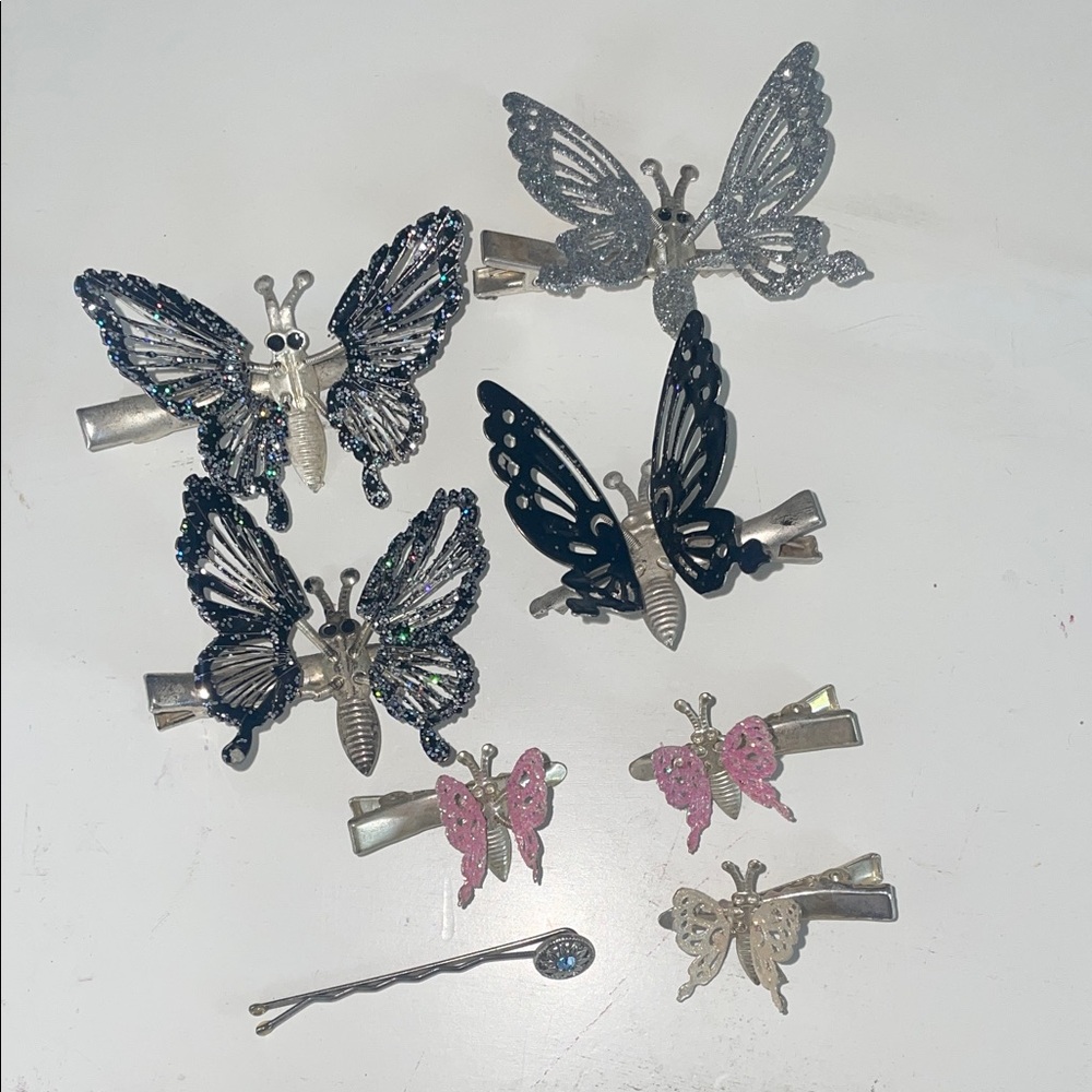 Butterfly Hair Clip Set - Metallic Silver, Black & Pink bundle vintage